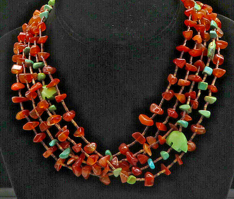 SOUTHWESTERN 925 Sterling Silver Vintage Turquoise & Agate Chain Necklace NE3352