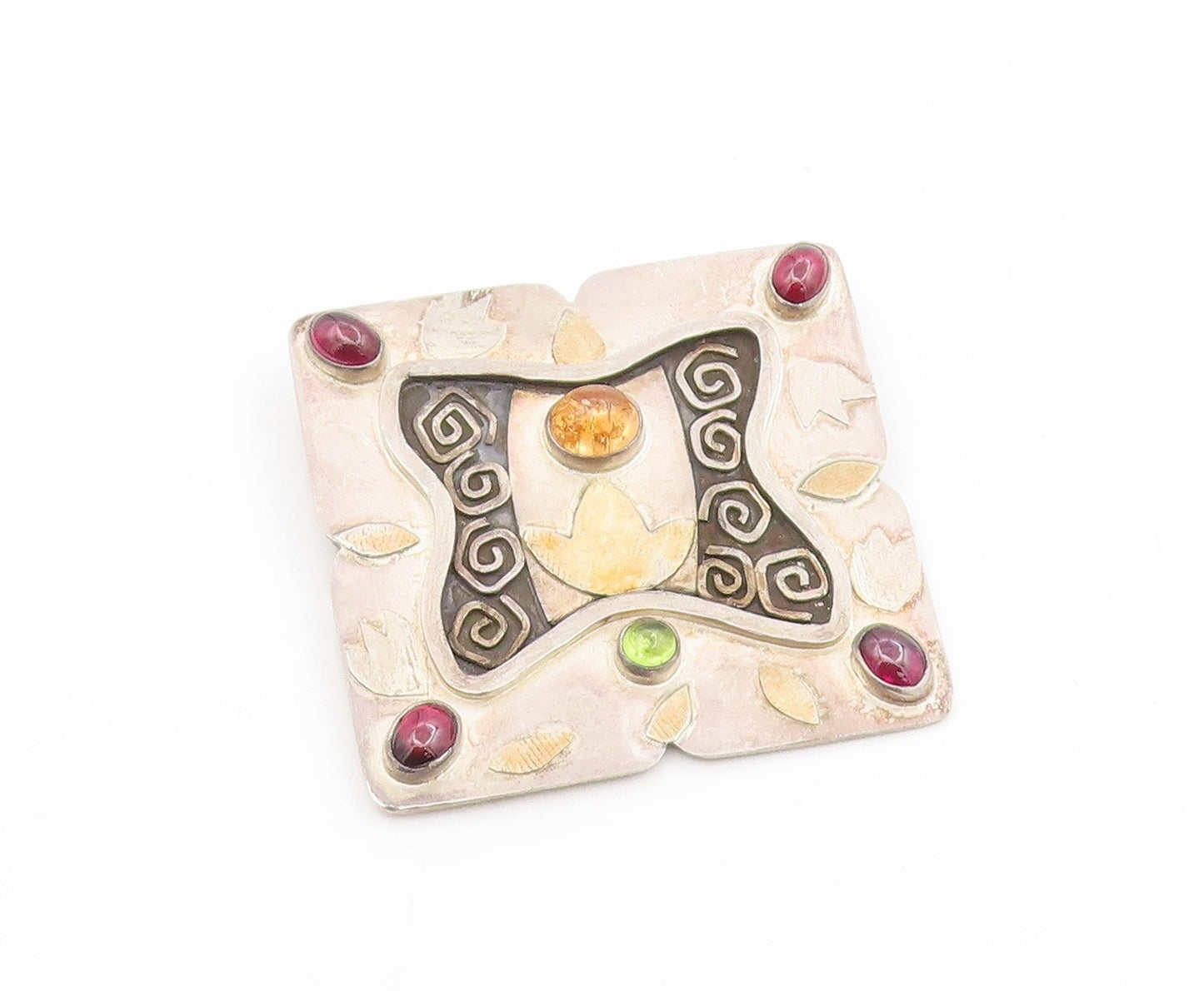 22k Gold & 925 Sterling Silver Vintage Brooch Modernist Multi Gemstone  BP12217