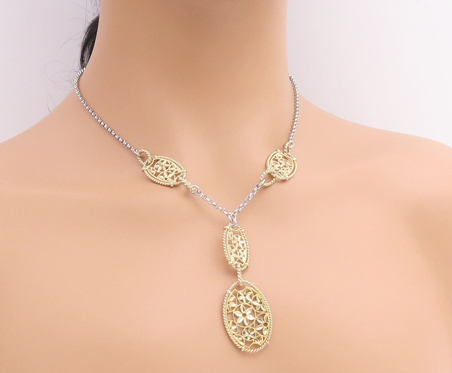 925 Sterling Silver Vintage Necklace Two Tone Floral Filigree Y Drop  NE4940