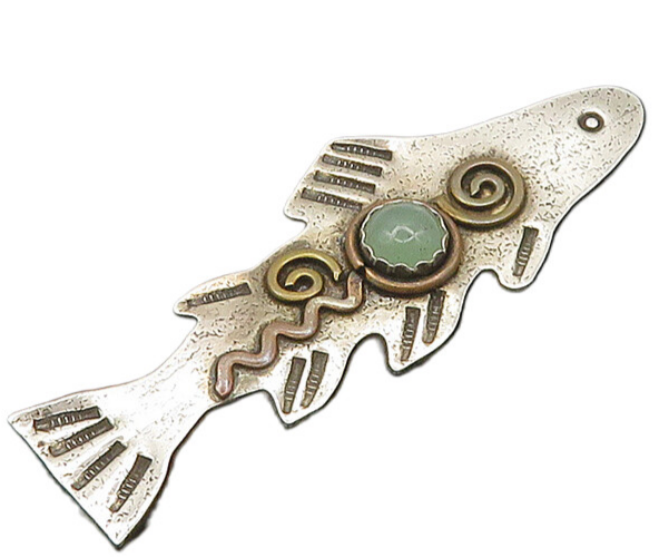 DESIGNER 925 Silver  Vintage Cabochon Jade Two Tone Fish Brooch Pin  BP8020