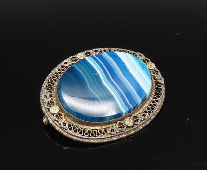 EUROPEAN 925 Silver  Vintage Blue Agate & Swirl Border Brooch Pin  BP10024