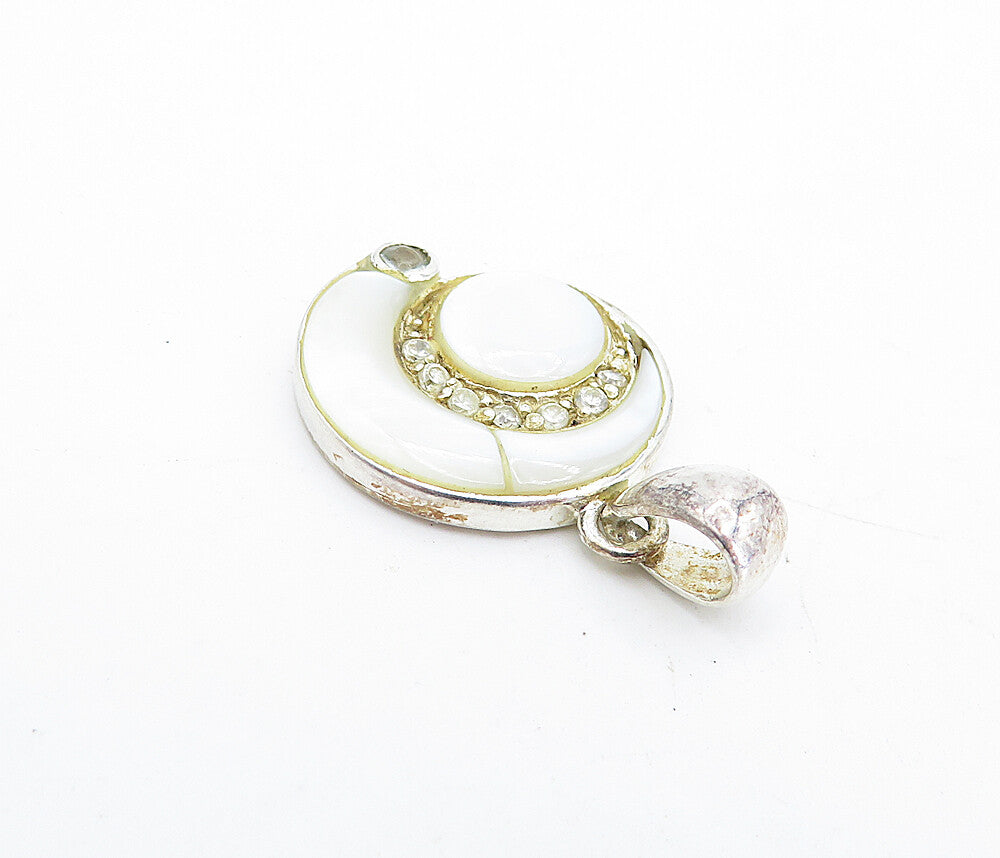 925 Sterling Silver  Vintage Mother Of Pearl & Topaz Swirl Pendant  PT3552