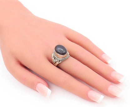 925 Sterling Silver Vintage Ring Roped Carved Oval Cabochon Onyx  Sz 9.5 RG28249
