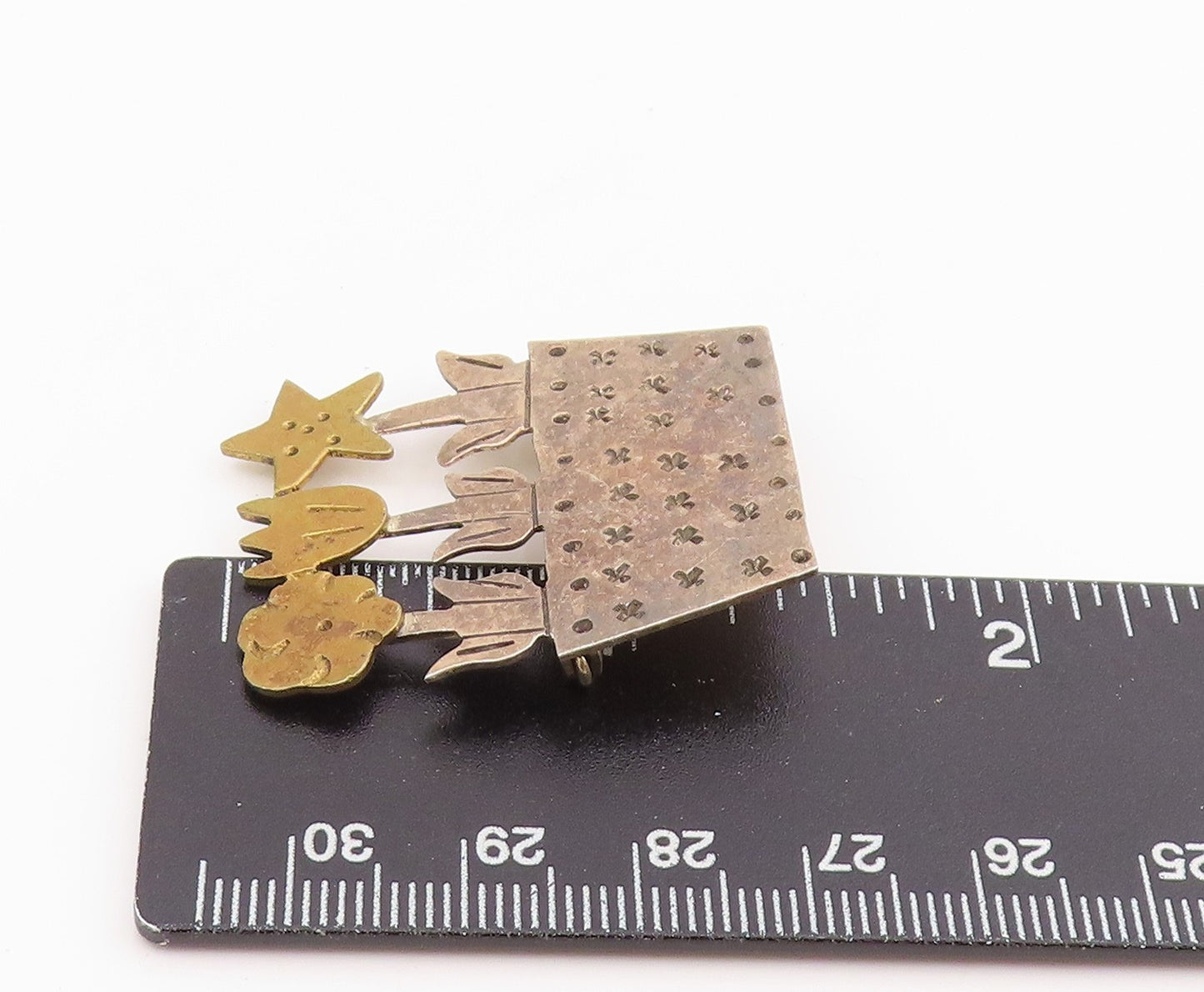 925 Sterling Silver Vintage Brooch Pin Etched Potted Flowers & Star  BP12160