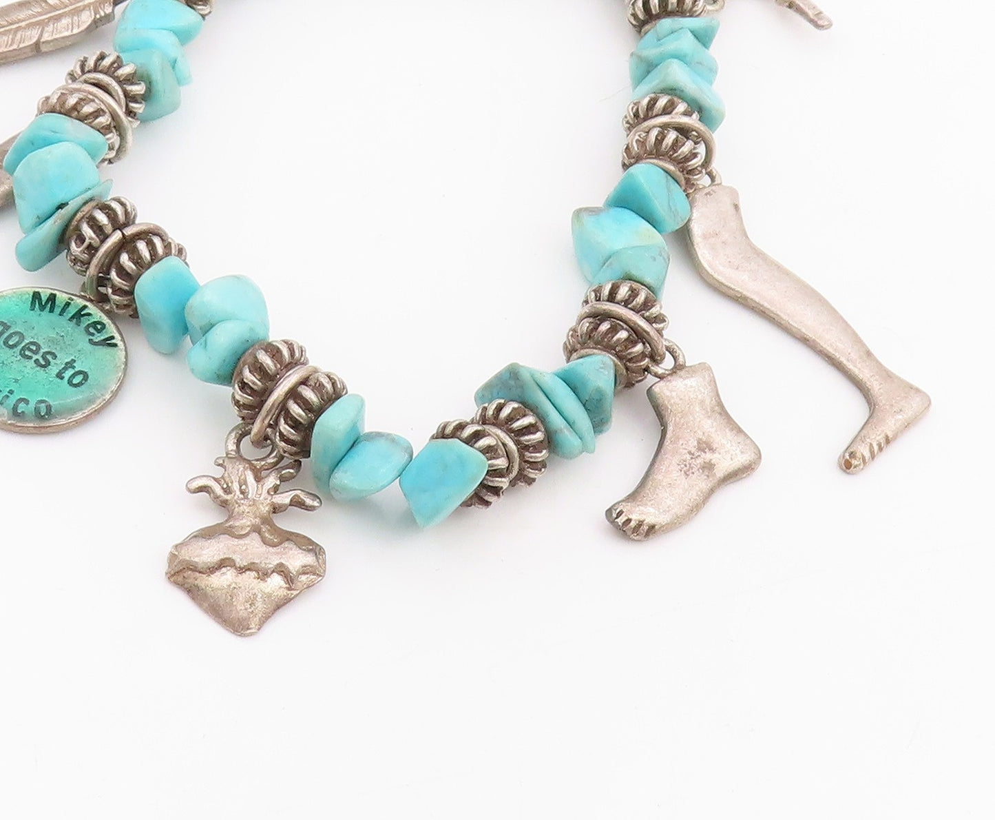 925 Sterling Silver Vintage Bracelet Beaded Turquoise With Etched Charms BT11857
