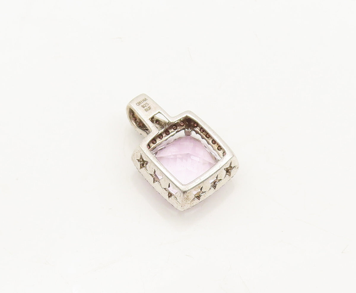 925 Sterling Silver Vintage Pendant Diamonds & Square Cut Purple Topaz  PT23136