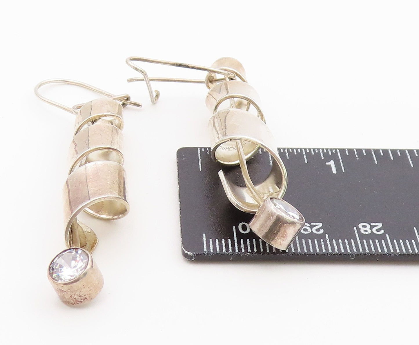 925 Sterling Silver Vintage Earrings Round Cut CZ Twisted Ribbon Dangle  EG14439
