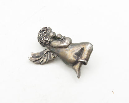 925 Sterling Silver  Vintage Oxidized Praying Baby Angel Brooch Pin  BP7160