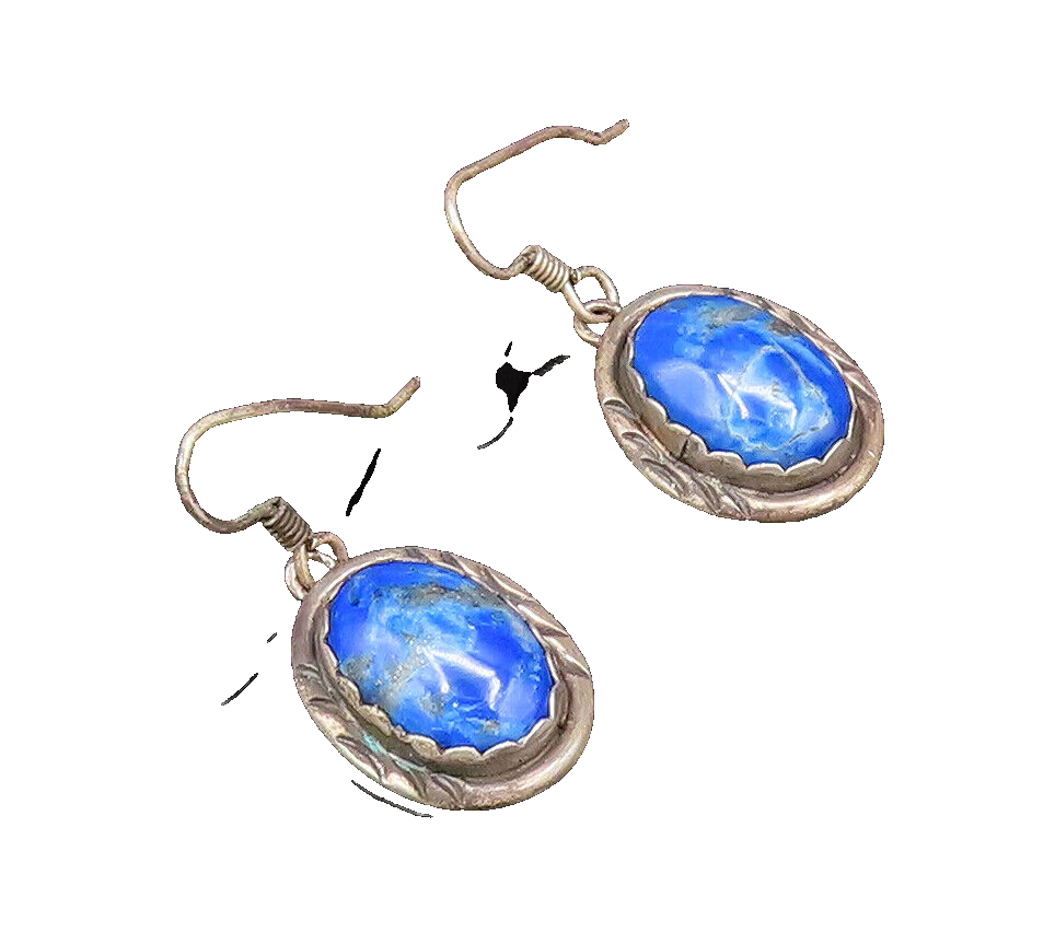 925 Silver  Vintage Etched Border Cabochon Lapis Lazuli Drop Earrings  EG12125