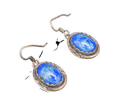 925 Silver  Vintage Etched Border Cabochon Lapis Lazuli Drop Earrings  EG12125