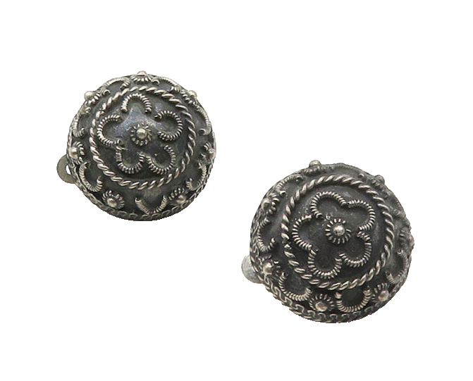 MEXICO 925 Silver  Vintage Floral Dome Oxidized Non Pierce Earrings  EG8983