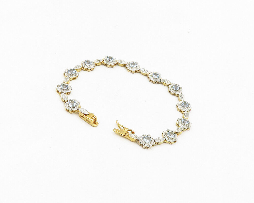 925 Sterling Silver  Shiny Blue Topaz Two Tone Floral Chain Bracelet  BT7336