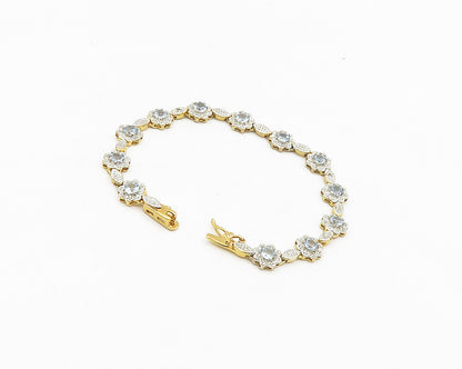 925 Sterling Silver  Shiny Blue Topaz Two Tone Floral Chain Bracelet  BT7336