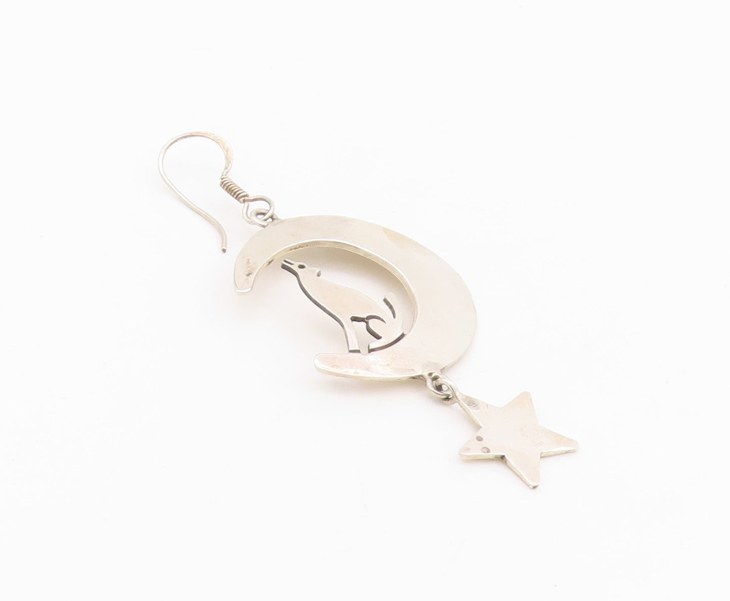 925 Sterling Silver Vintage Earrings MEXICO Howling Wolf On Moon & Star  EG13629