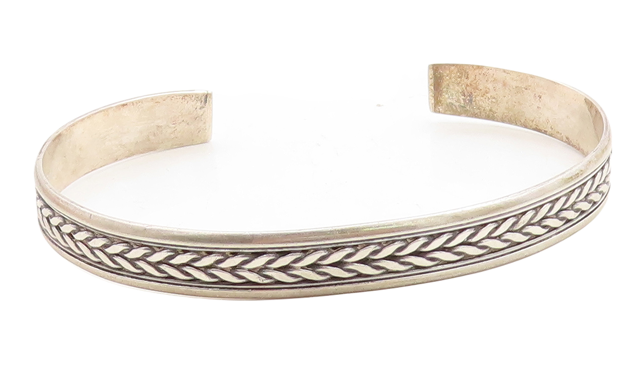 925 Sterling Silver  Vintage Dark Tone Wheat Pattern Cuff Bracelet  BT1664
