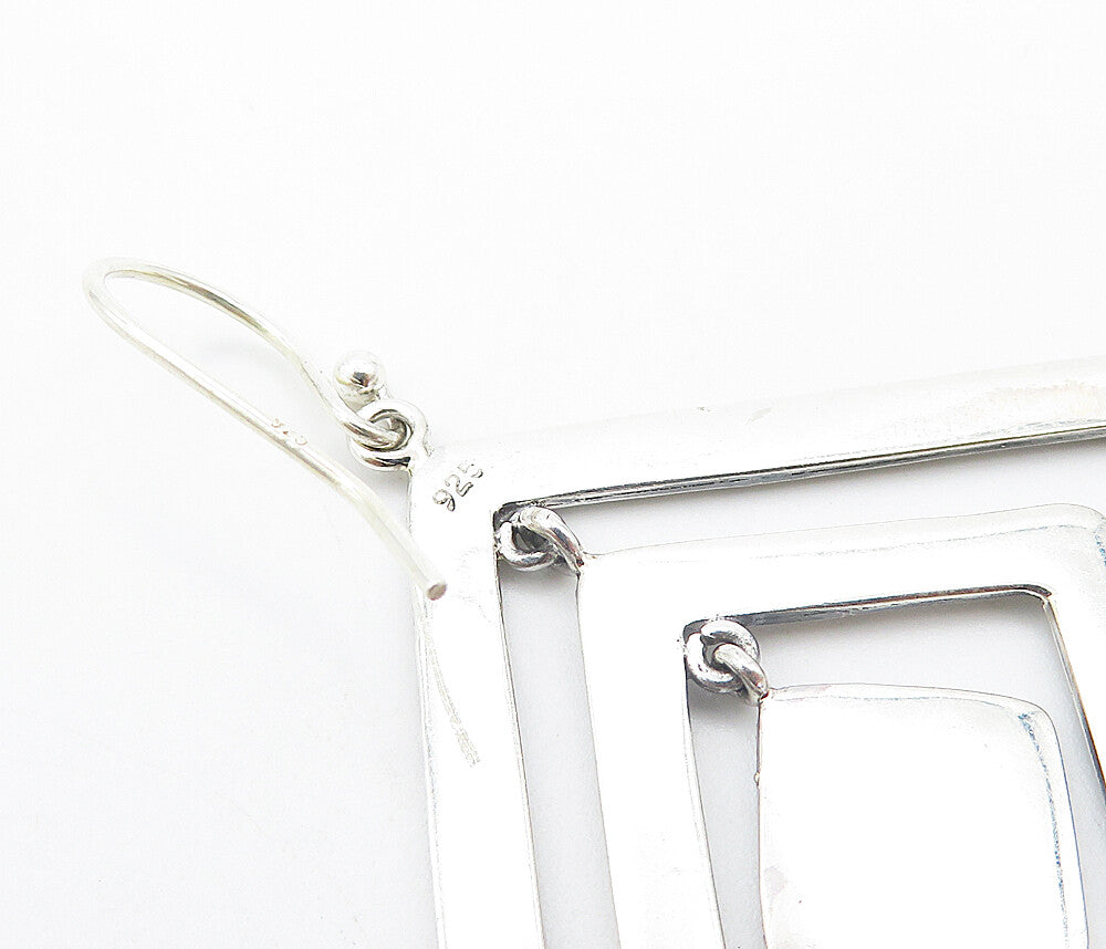 925 Sterling Silver  Shiny Circle Patterned Square Dangle Earrings  EG3429