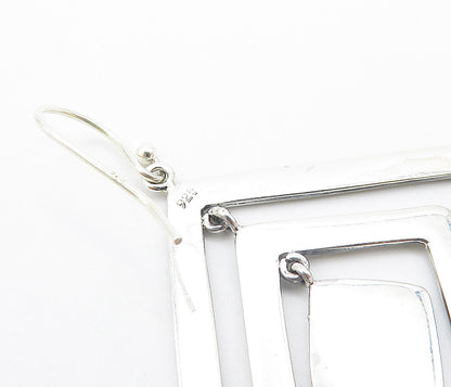 925 Sterling Silver  Shiny Circle Patterned Square Dangle Earrings  EG3429