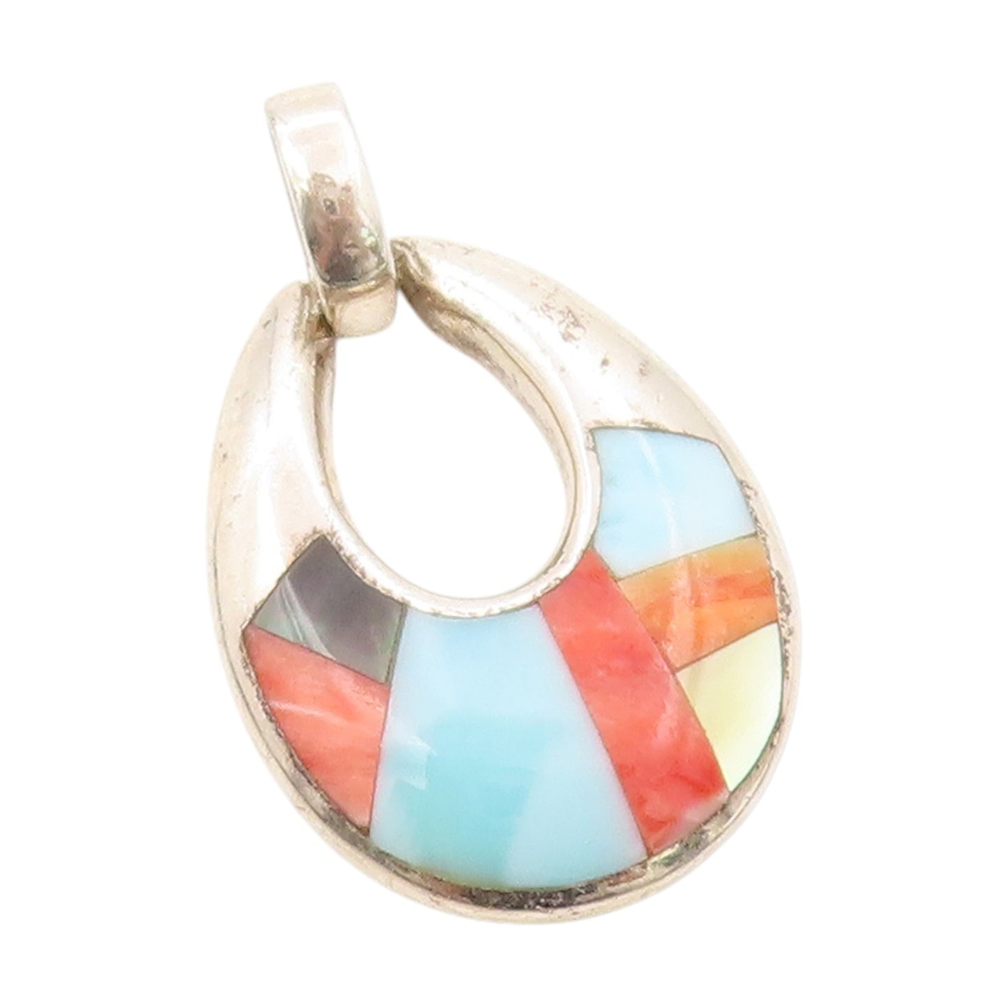 925 Sterling Silver Vintage Pendant Multi Gemstone Inlay Teardrop Charm  PT25147