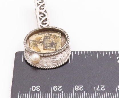 925 Sterling Silver Vintage Tie Clip Pearl Japanese Floral Swirly Design  TR4020