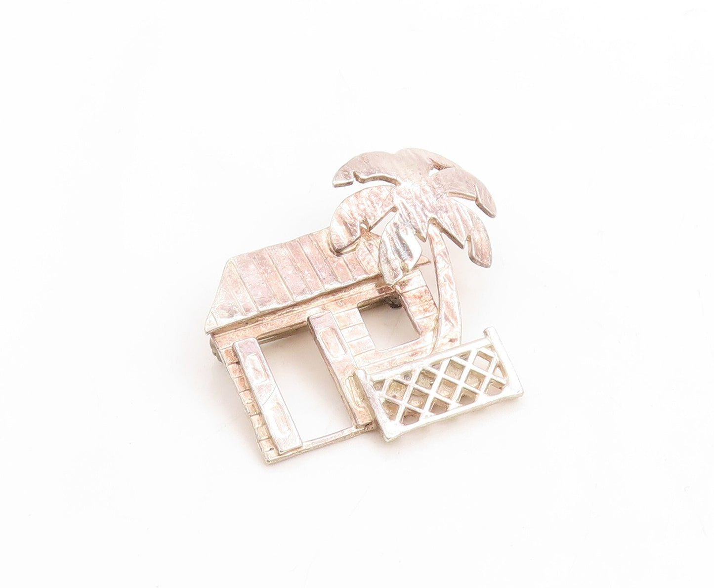 925 Sterling Silver Vintage Brooch Pin Solid Cutout House With A Tree  BP11397