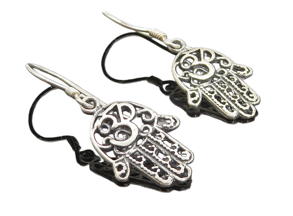 925 Sterling Silver  Shiny Om Spiritual Symbol Hamsa Dangle Earrings  EG3245