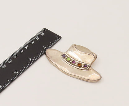 925 Silver  Vintage Heavy Cabochon Amethyst & Gemstones Hat Brooch Pin BP10266