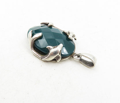 925 Sterling Silver  Vintage Faceted Green Agate Dolphins Drop Pendant  PT6598