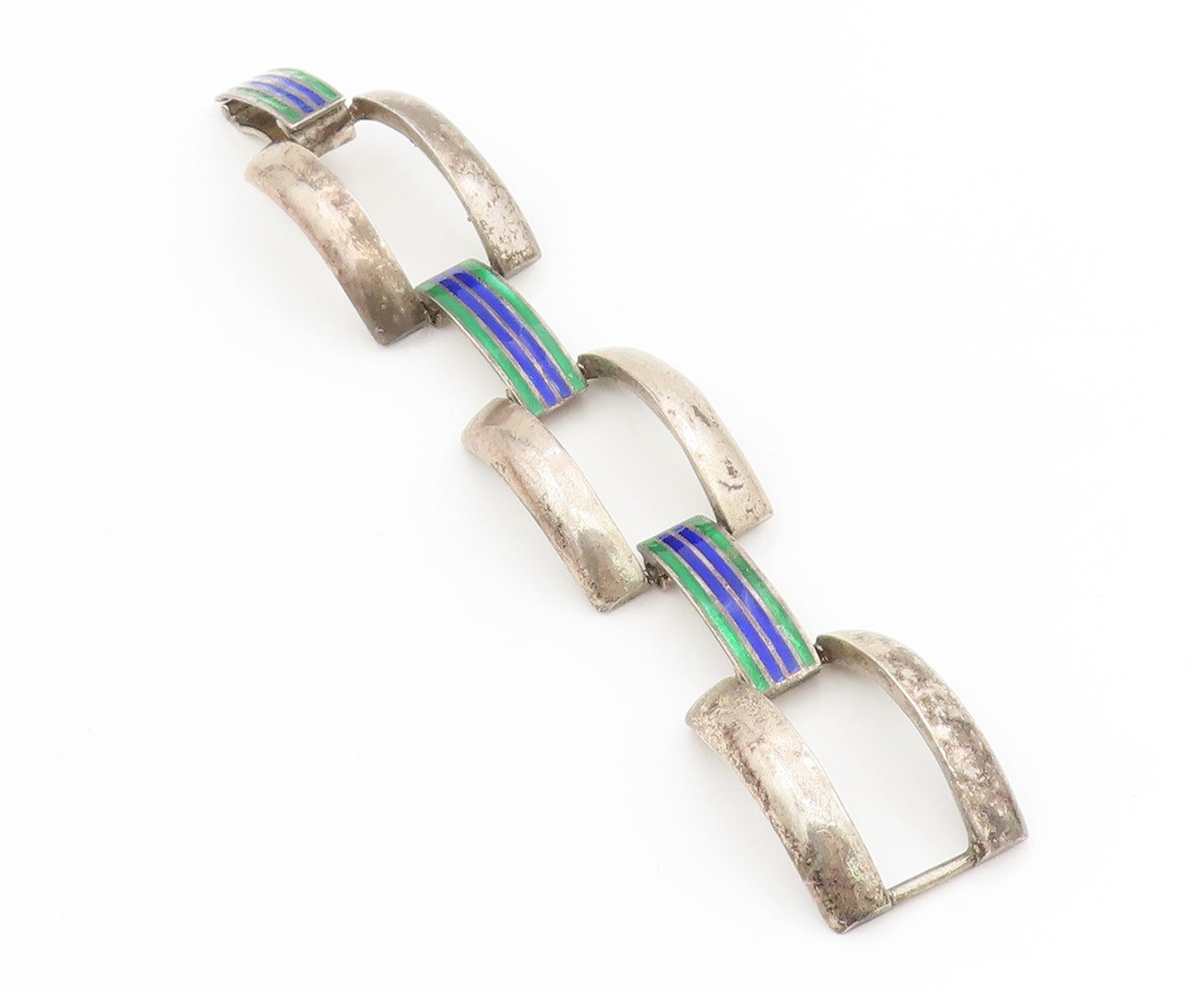 925 Sterling Silver Vintage Bracelet EUROPE Enamel Striped Panel Link  BT11522