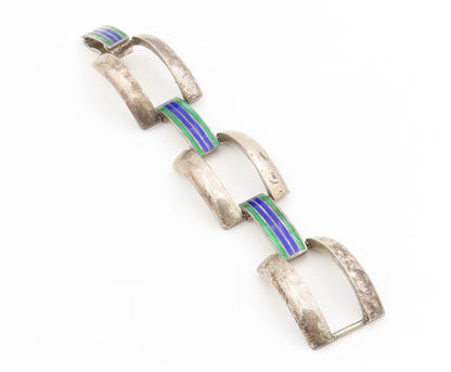 925 Sterling Silver Vintage Bracelet EUROPE Enamel Striped Panel Link  BT11522