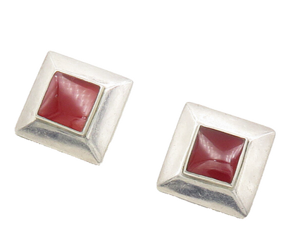 ND 925 Sterling Silver Vintage Inlaid Carnelian Shiny Square Earrings  EG9134