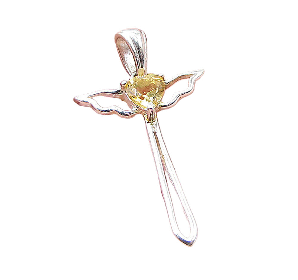 925 Sterling Silver  Faceted Citrine Love Heart Cross Drop Pendant  PT1124