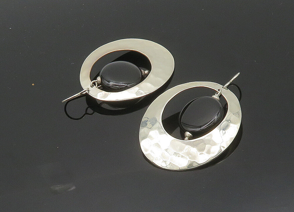 925 Sterling Silver  Vintage Black Onyx Hammered Oval Dangle Earrings  EG10360