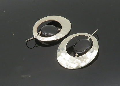 925 Sterling Silver  Vintage Black Onyx Hammered Oval Dangle Earrings  EG10360