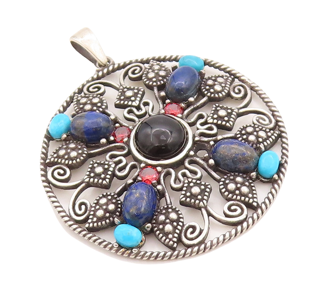 925 Sterling Silver Vintage Pendant Dark Tone Cutout Gemstone Inlay PT23648
