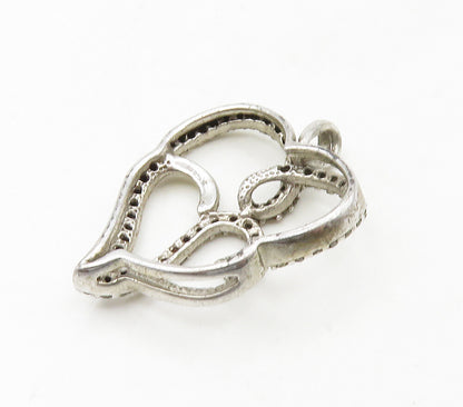 925 Sterling Silver  Shiny Genuine Diamonds Open Love Hearts Pendant  PT12974