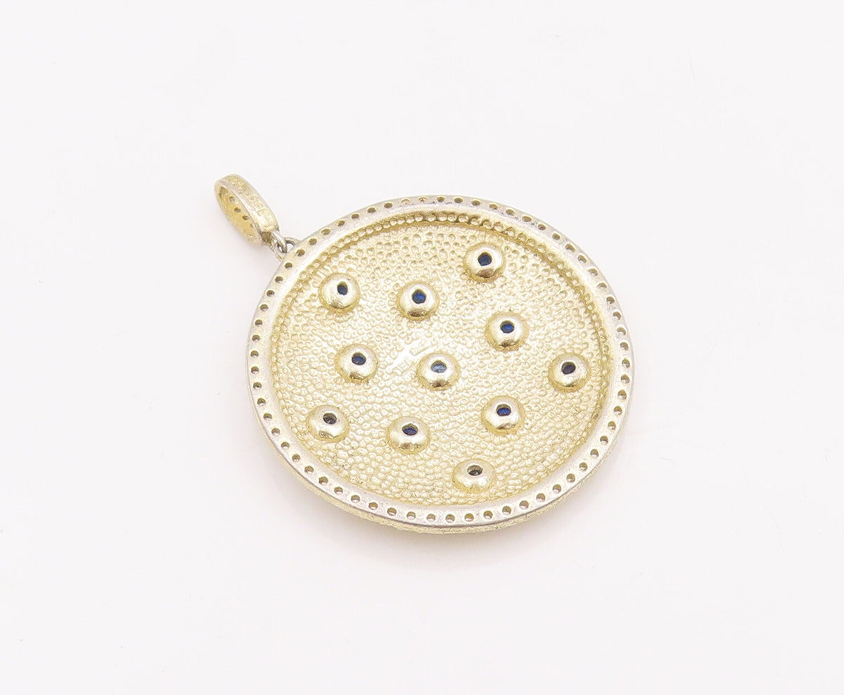 925 Sterling Silver Vintage Pendant Round Dented 2 Tone Gemstone Inlay PT22851