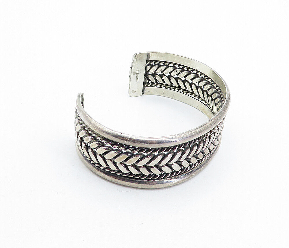 925 Sterling Silver  Vintage Dark Tone Wheat Twist Detail Cuff Bracelet BT2423