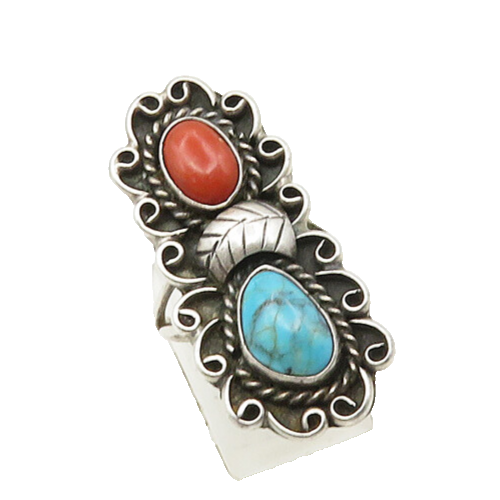 NAVAJO 925 Silver  Vintage Turquoise & Coral Cocktail Ring Sz 7  RG18877