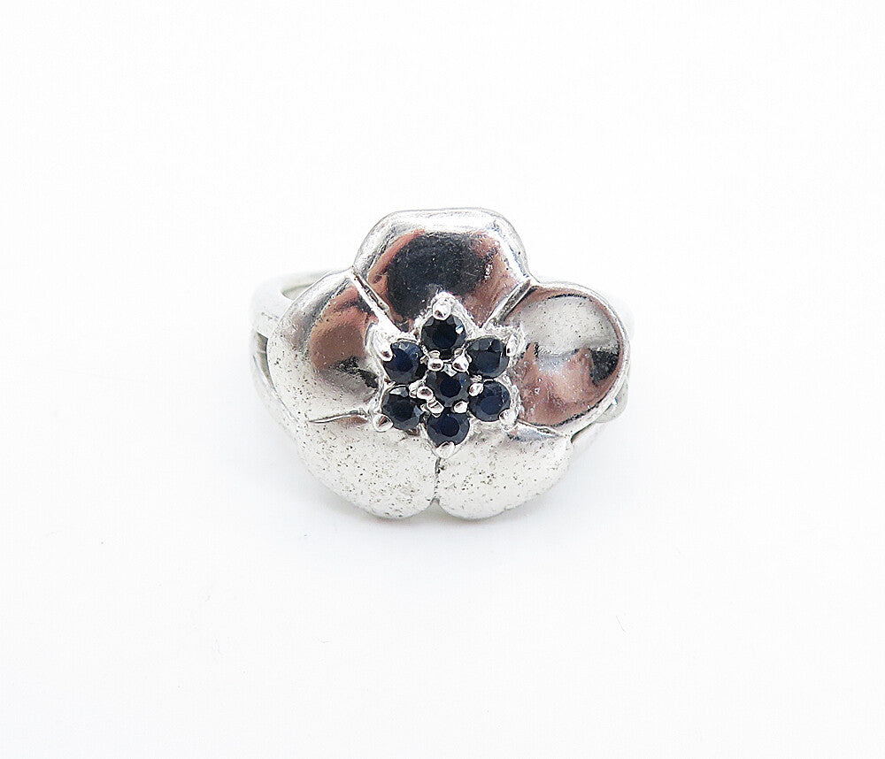 925 Sterling Silver Black Hematite Shiny Floral Statement Ring Sz 6.5 RG6573
