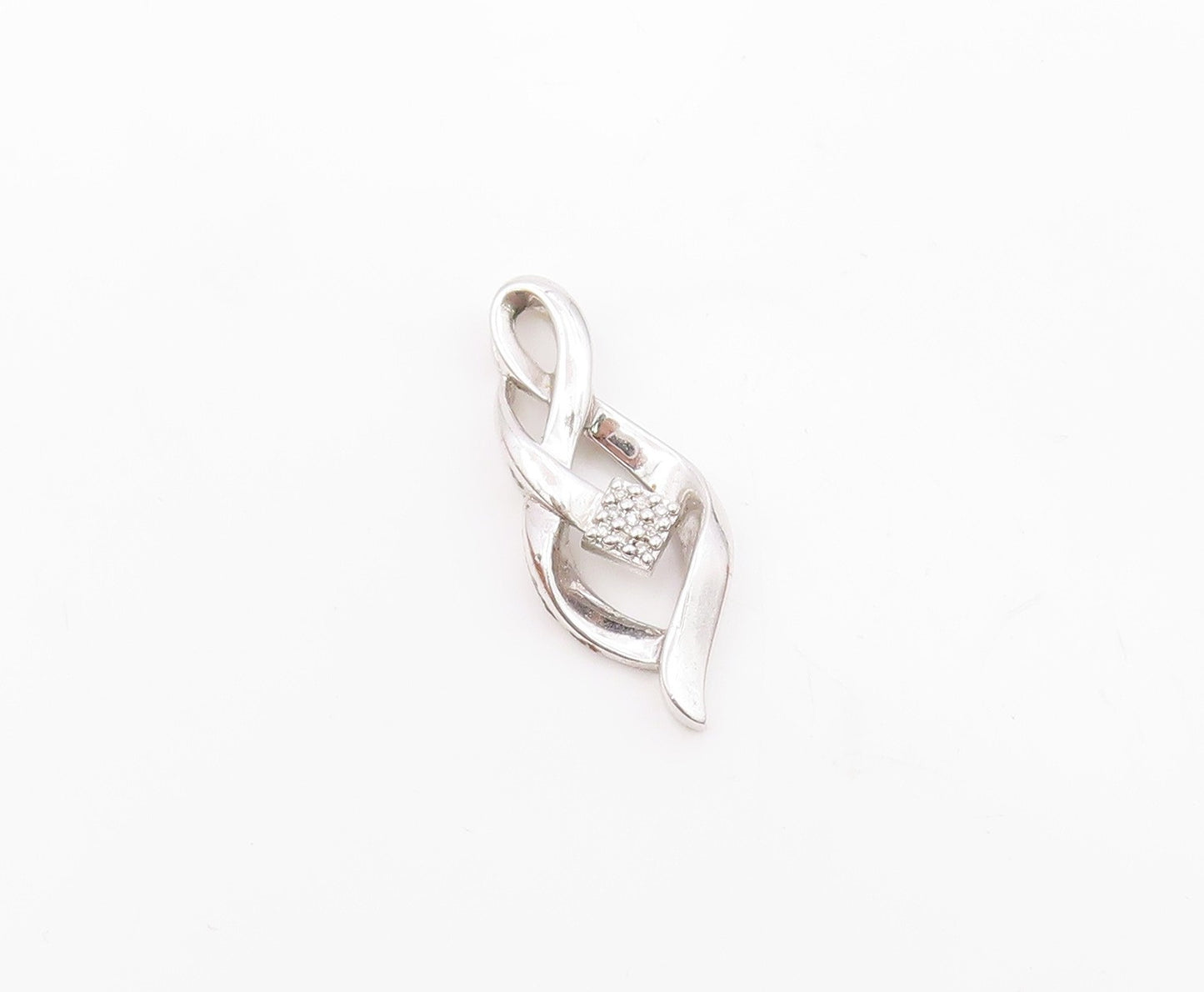 925 Sterling Silver  Vintage Shiny Genuine Diamonds Ribbon Pendant  PT17977