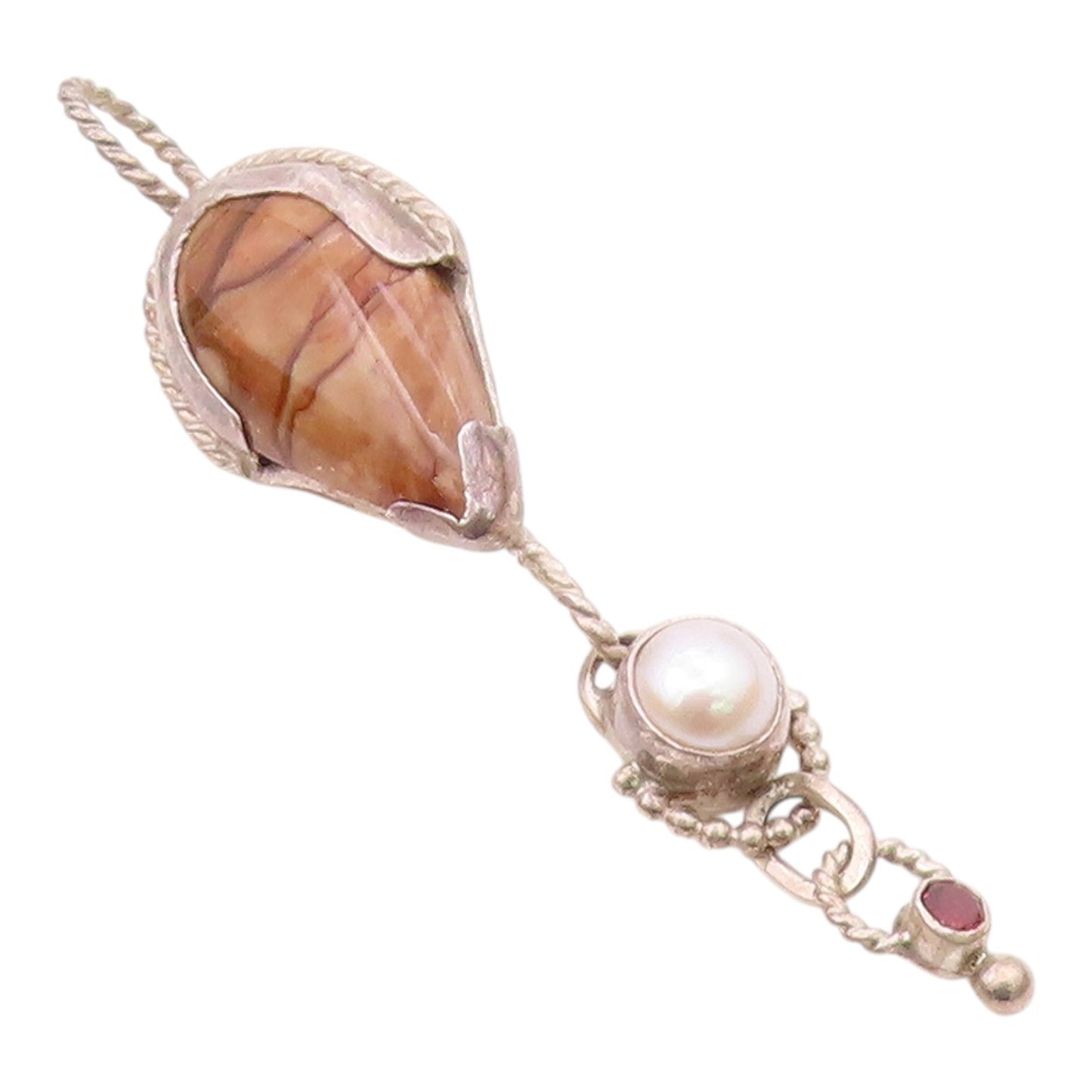 925 Sterling Silver  Vintage Pearl Pink Topaz & Jasper Twist Pendant  PT14798