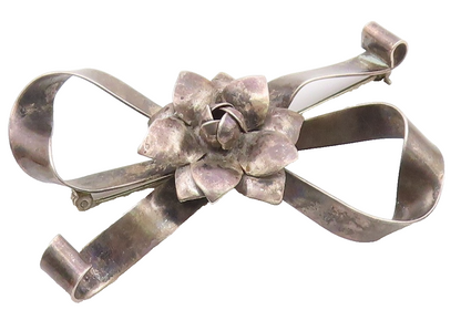 RAFFAELE 925 Silver  Vintage Dark Tone Floral Ribbon Bow Brooch Pin  BP4342