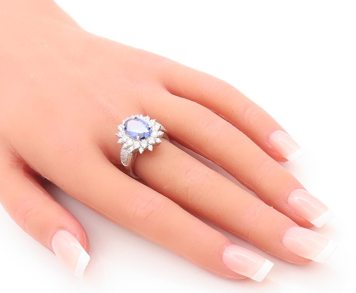 925 Sterling Silver Vintage Ring Blue & White Topaz Flower  Sz 7  RG29655
