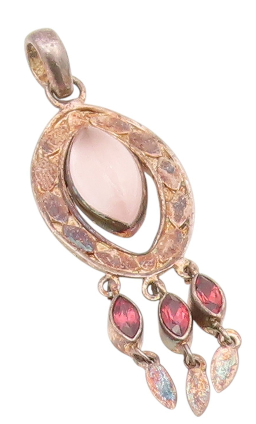 925 Sterling Silver Vintage Pendant Cabochon Rose Quartz Bohemian Dangle PT25573