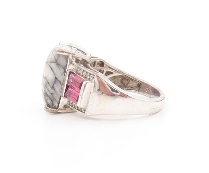 925 Sterling Silver Vintage Ring Rectangle Marble White & Pink CZ  Sz 8  RG31886