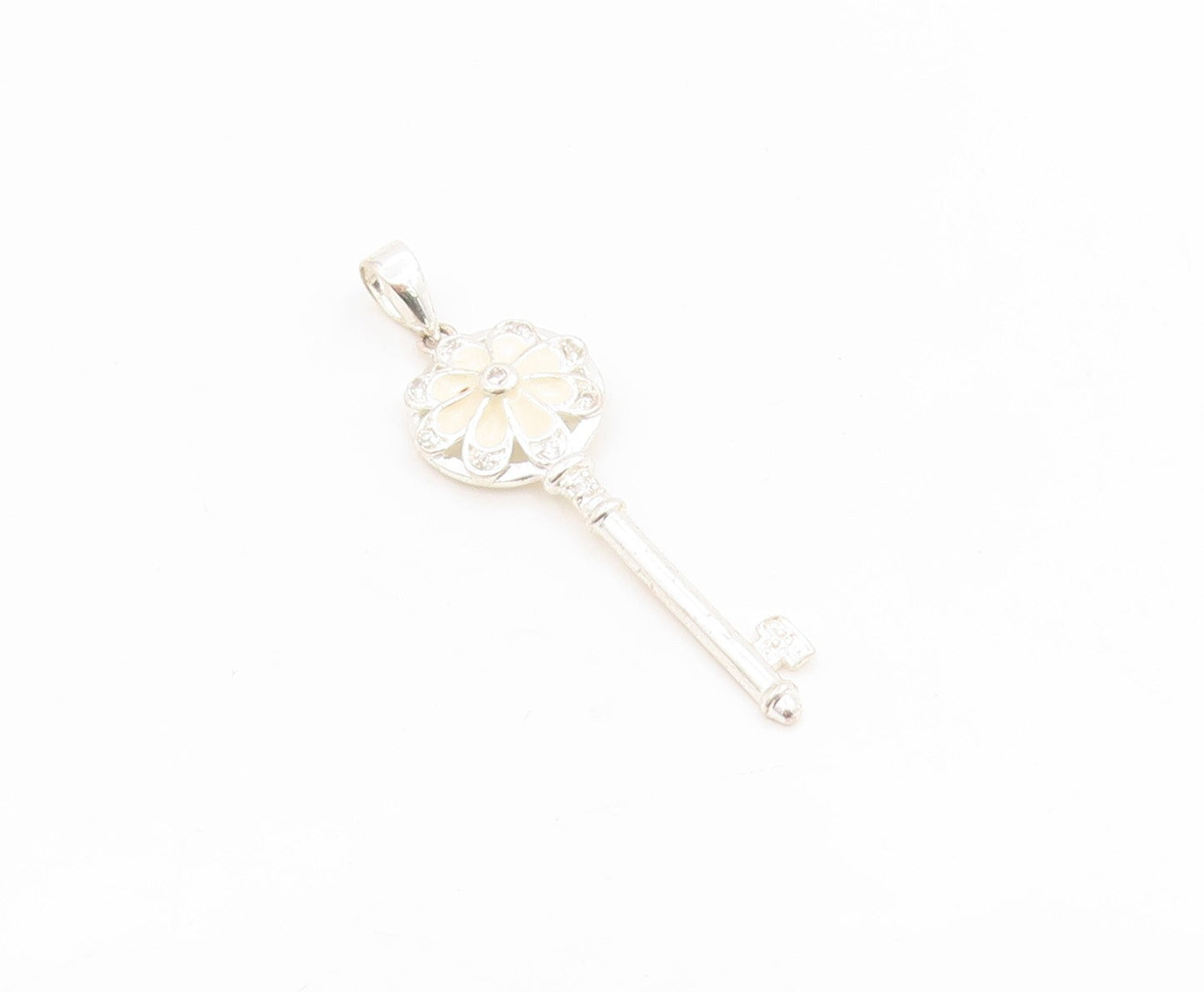 925 Sterling Silver Vintage Pendant Modernist Enamel CZ Floral Key Charm PT26192