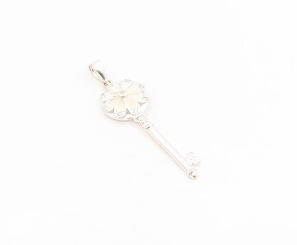 925 Sterling Silver Vintage Pendant Modernist Enamel CZ Floral Key Charm PT26192