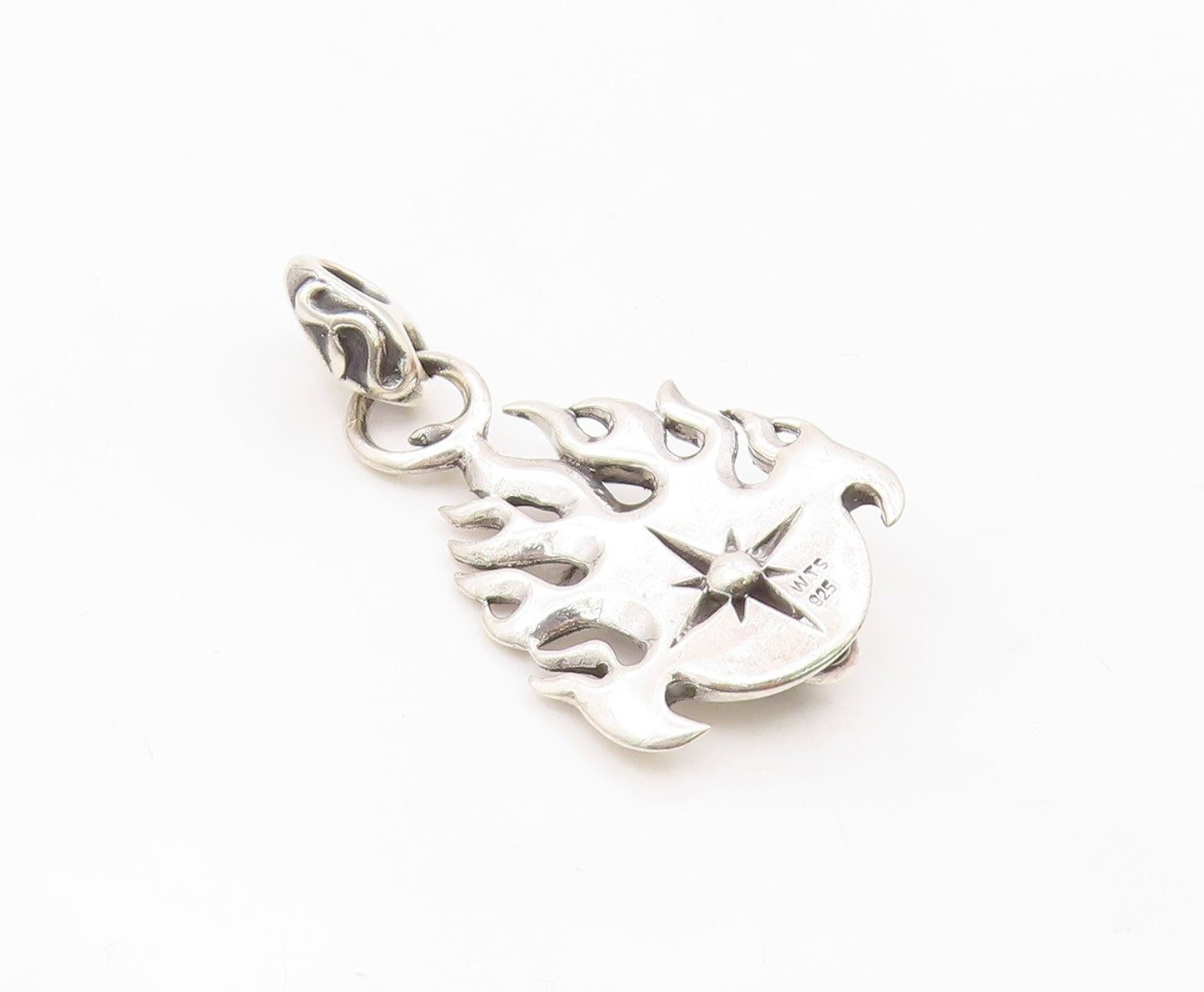 925 Sterling Silver  Vintage Shiny Skeleton Head Fire Flames Pendant  PT18396