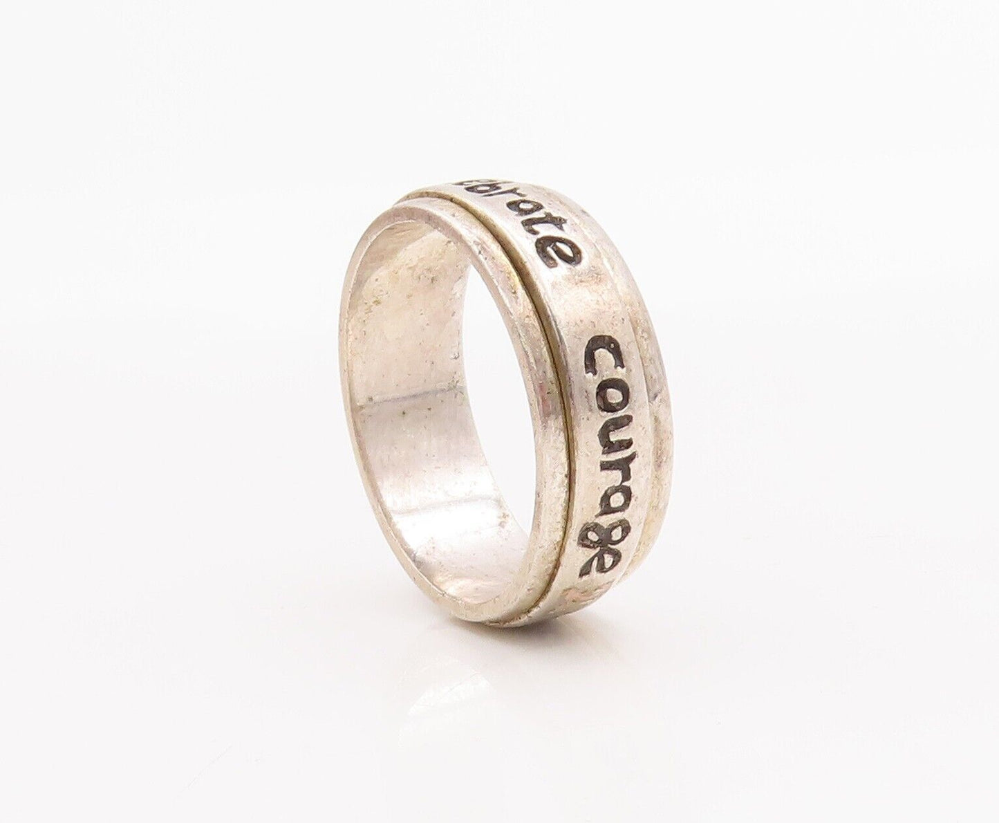 925 Sterling Silver Vintage Ring Solid Carved Celebrating Courage  Sz 8  RG28453