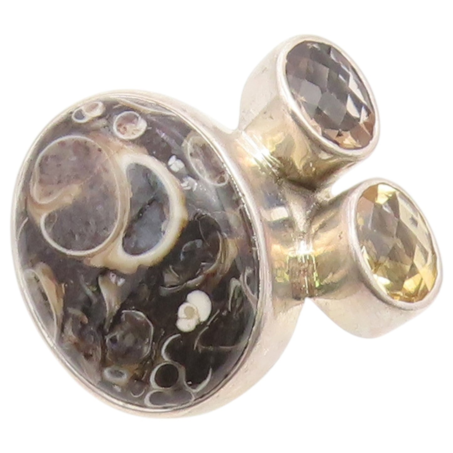925 Sterling Silver Vintage Ring ARYA Fossil Agate & Gemstone Band Sz 7 RG36665